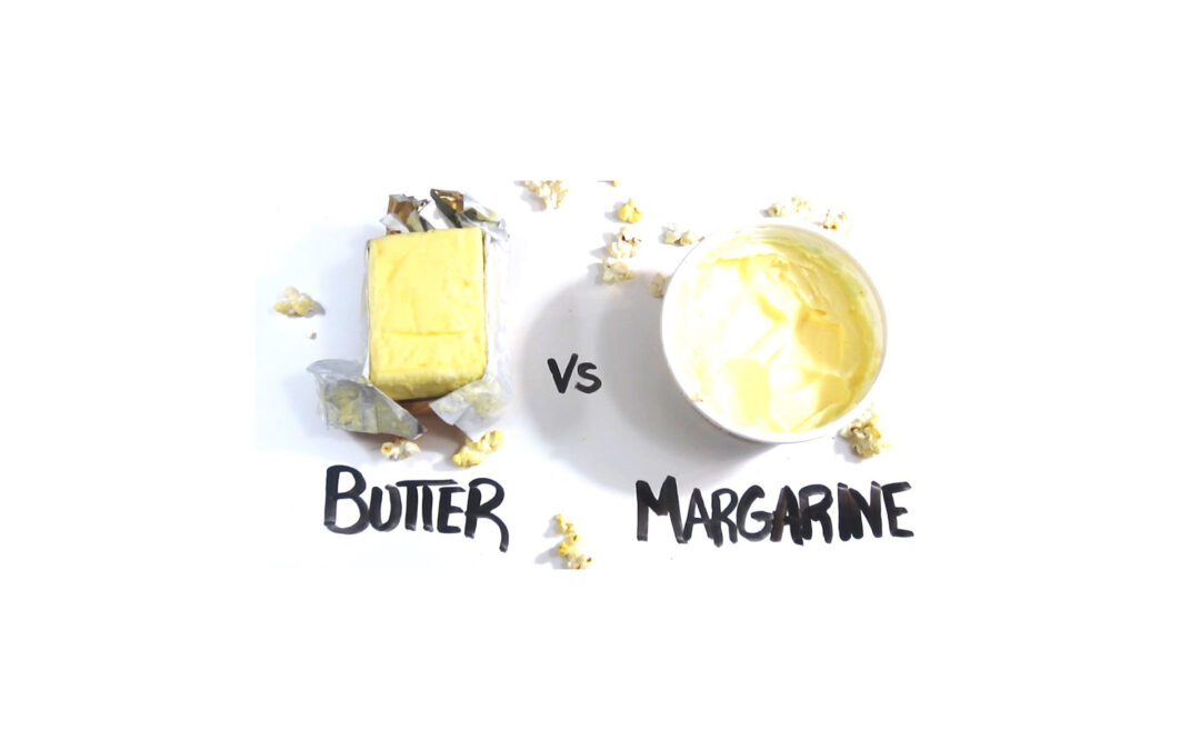 picture of a block of butter opposite a block of margarine