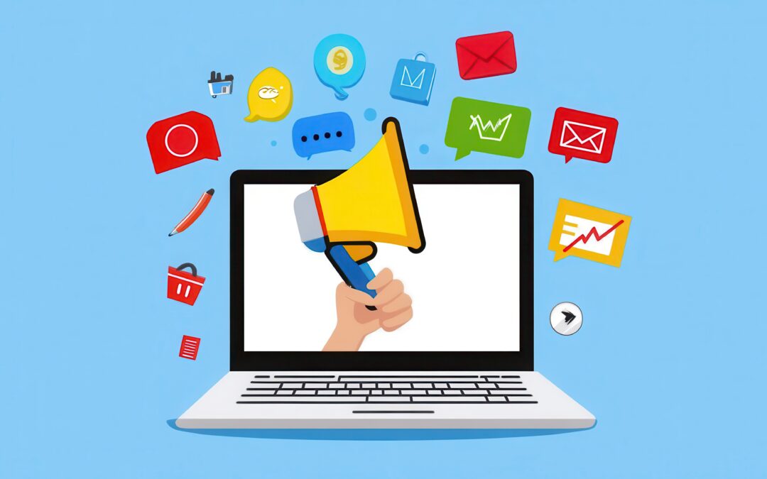 Pixel art illustration of a hand holding a megaphone emerging from a laptop screen, surrounded by various colorful communication icons on a light